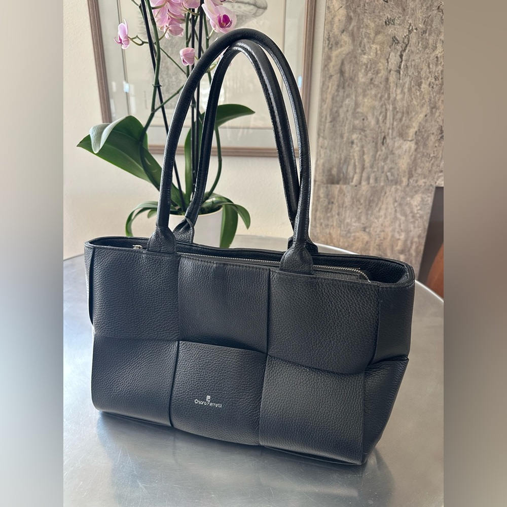 Chiara Ferragni Black Leather Tote Bag Made in Italy Woven Panel Quiet Luxury